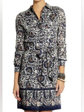 Tory Burch Brigette Cotton Voile Navy Printed Shirt Dress - Size 10